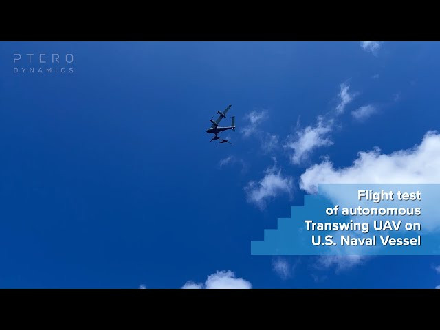 PteroDymanics flies a Transwing UAS over the sea at a US Navy event